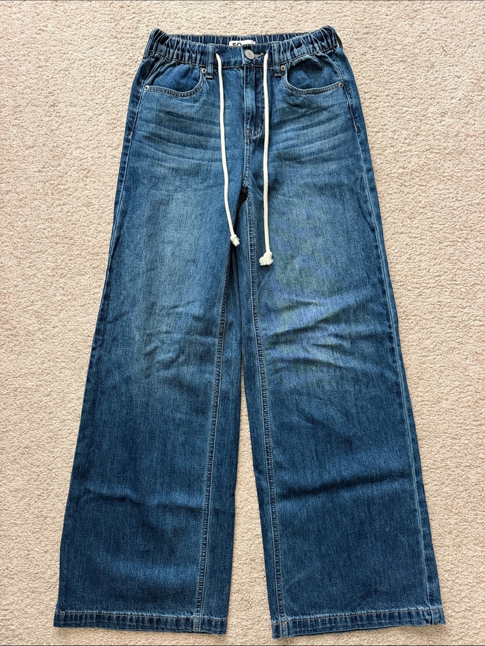 SO Denim Wide-Leg Drawstring Jeans in Blue